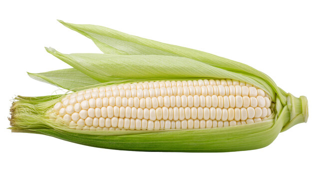 Isolated fresh raw white corn cob with green husks partially peeled back, healthy food ingredient
