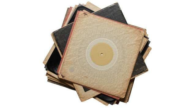 Isolated stack of old vinyl records in worn paper sleeves a vintage music collection