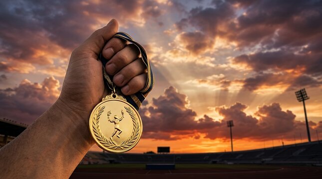 First place champion award medallion held against an inspiring dramatic skyscape celebrating athletic triumph y and extraordinary personal achievement medal award winner first place champion gold