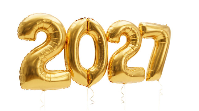 Golden foil balloons spelling out 2027 against a dark background for new year celebrations