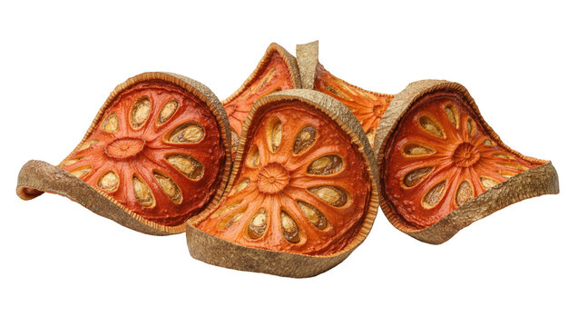Isolated dried bael fruit slices, Asian quince, natural herbal medicine ingredients, healthy food.