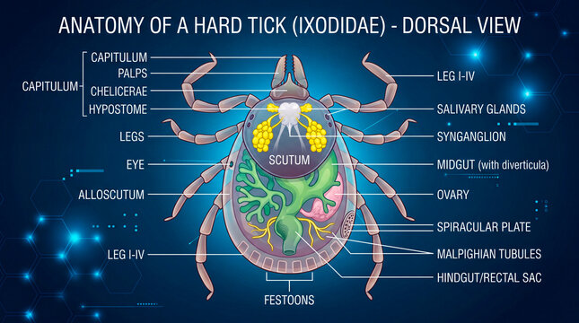 Hard tick anatomy poster showing external and internal structures in dorsal view