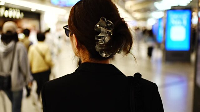 Urban Lifestyle Scene With Woman Walking Through Indoor Shopping Street, Slow Motion