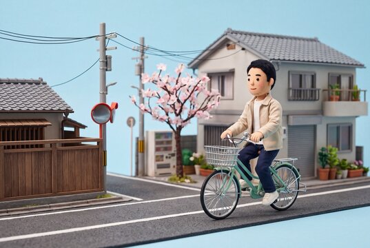 桜の咲く住宅街を自転車で走る男性、春の日本の街並みを表現したジオラマ風イラスト