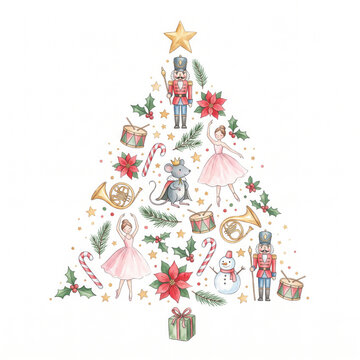Beautiful christmas abstract fir tree with gifts hand drawn watercolor stock illustration.