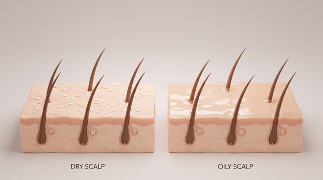 A comparative medical 3D illustration contrasting a dry flaky scalp with an oily shiny scalp.