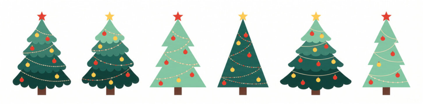 Vector New Year set with christmas trees. Evergreen trees with balls, stars and garlands. Fir trees for Christmas.