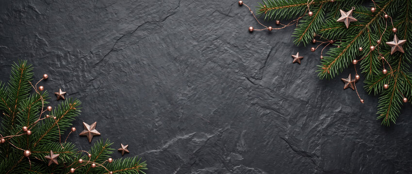 Christmas Decoration With fir Branches on a Dark Shale Backgroun