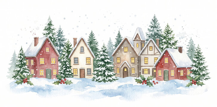 A watercolor of a christmas village