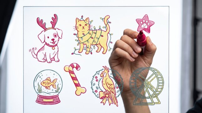 Hand drawing icons of a reindeer dog, lighted cat, snow globe, fish, candy cane and parrot, festive pets in whimsical winter doodles for Christmas