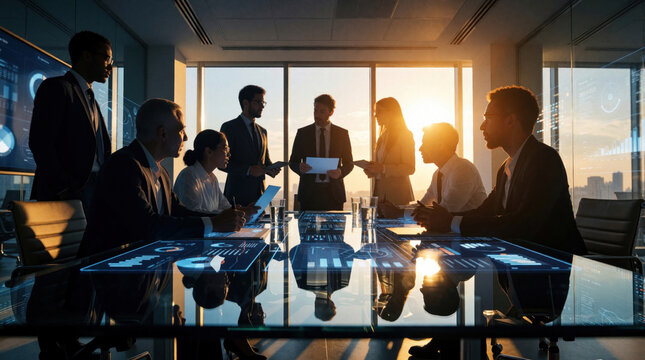 Diverse business team holds meeting in modern corporate office during sunset. Professionals discuss project management, strategy using digital interface on glass table. Group of managers collaborate