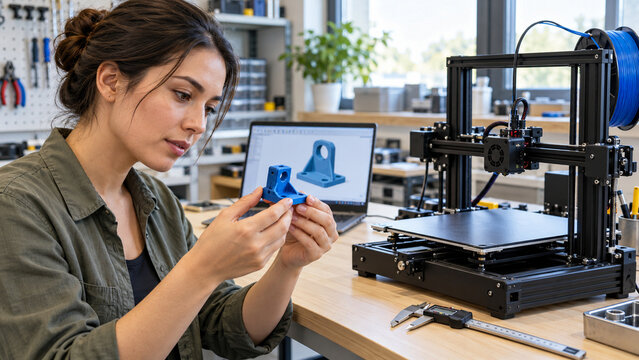 Engineer inspecting a prototype beside a desktop printer