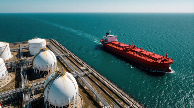 Large red cargo ship sails near industrial tank farm in blue ocean water. Huge oil tankers, storage tanks at sea port facility. Maritime logistics, energy transport, global trade infrastructure under