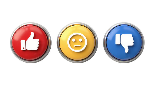 Isolated 3D rendered like, neutral, and dislike feedback buttons for social media concepts