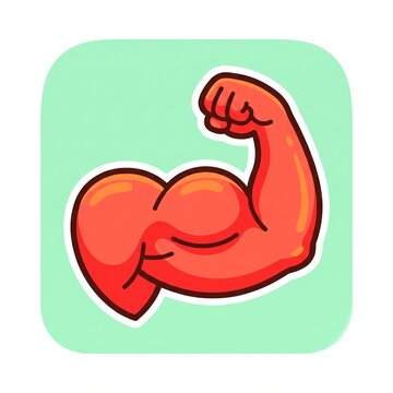 Muscular arm flexing bicep icon. Cartoon vector illustration of strong muscle on mint green background representing fitness and strength.