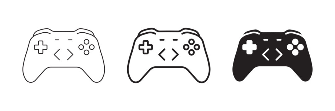 Set of game controller icons with coding symbols, vector illustration of a video game pad with programing brackets, gaming development concept, flat design style