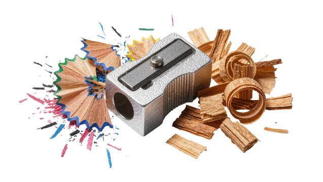 Isolated metal pencil sharpener and colorful wooden shavings from art drawing pencils