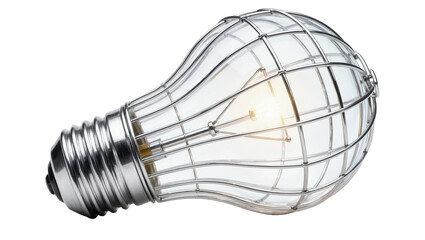 Isolated glowing light bulb with a sturdy metal grid design, bright idea concept. © Diego