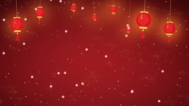Lunar New Year animation with swinging red lanterns, gold glitter, plum blossom petals and auspicious cloud pattern on red background, seamless loop for Chinese New Year greeting video