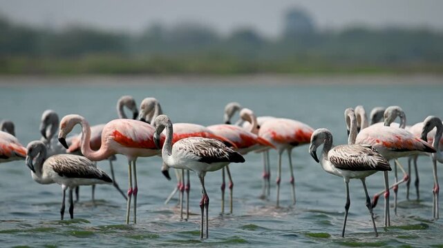 Close-up of flamingos (Phoenicopterus chilensis), on a salt lake in the Gran Chaco, Paraguay