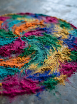 Vibrant swirls of colorful powder pigments arranged on a surface for celebration