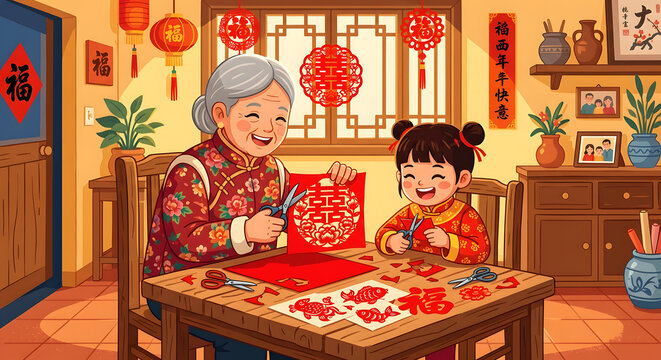 A grandmother and granddaughter making traditional red paper cuttings for the Lunar New Year