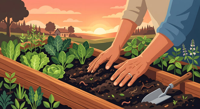 Gardener planting vegetables in a raised bed at sunset