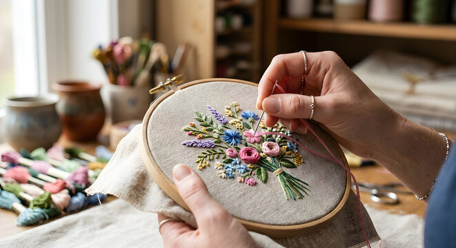 Close-up of hands doing embroidery on linen fabric with colorful floral pattern