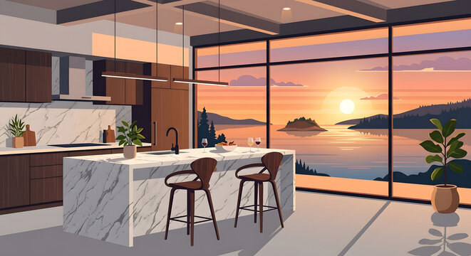 Modern minimalist kitchen interior with a scenic sunset view over a lake