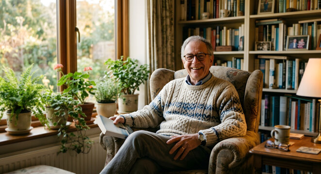 A smiling senior man holding a book while sitting in a cozy armchair near a bookshelf