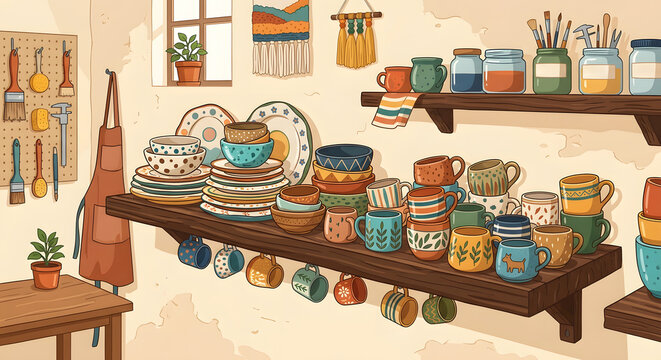 A cozy pottery studio filled with handmade ceramic mugs and plates on wooden shelves