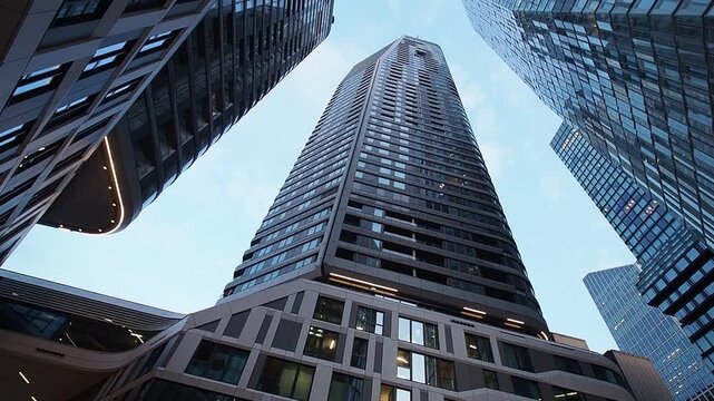 Hohe Geb&auml;ude mit modernen Glasfassaden ragen in einem dichten Stadtbereich in den Himmel, Frankfurt with Omnitower, building complex Four Towers, 1 to 4, Hesse, Germany