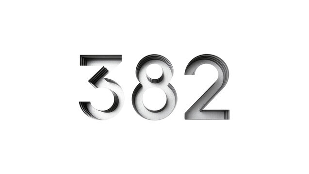 Isolated silver metallic 382 number with layered cut out design and textured effect.