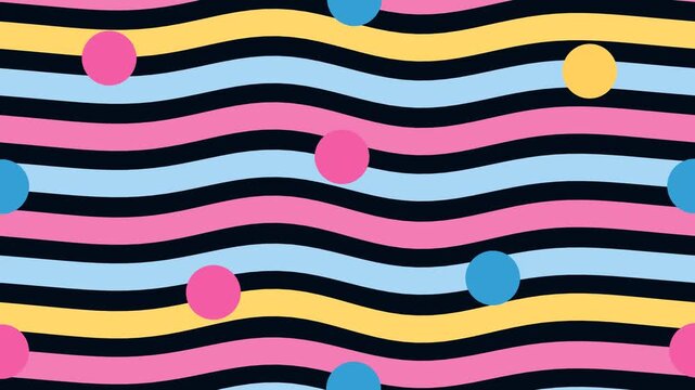 Wavy stripes pattern with colorful polka dots, festive playful textile print design for wrapping paper or stationery greeting cards