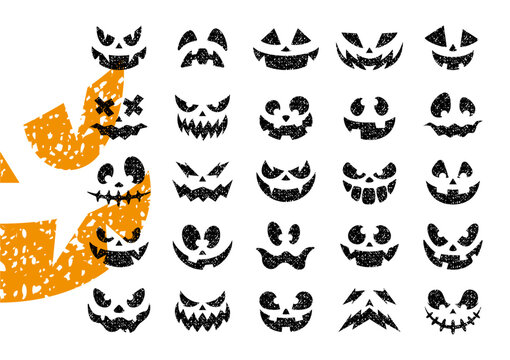 Distressed Halloween Pumpkin Bundle. 25 Halloween Pumpkin Faces. Distressed Grunge Style. Vector Illustration.