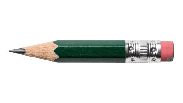 Isolated sharpened short green wooden pencil with pink eraser and silver ferrule