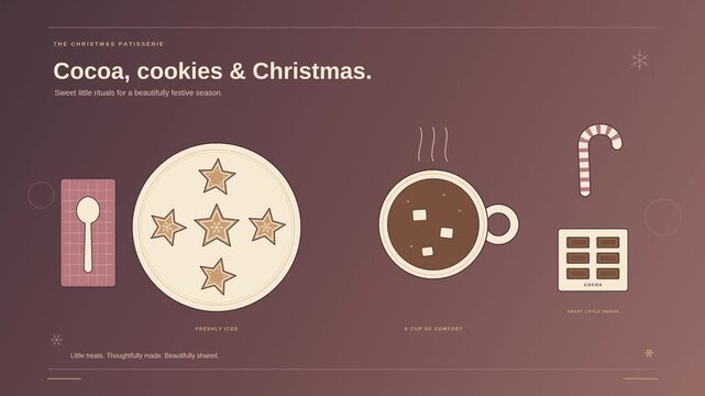 Christmas star cookies and hot cocoa beside a striped candy cane and chocolate pieces in a cozy flat vector animation on a warm brown background celebrating festive baking and comforting winter treats
