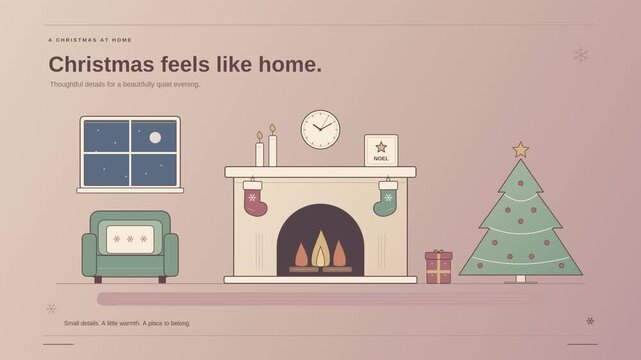 Cozy Christmas living room with a glowing fireplace and decorated tree beside a green armchair in a flat vector animation showing festive stockings and a peaceful home interior on a winter night