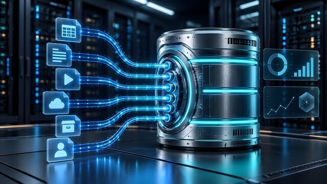 Centralized database cylinder processing multi-source digital files via glowing data streams into analytics charts inside modern server room