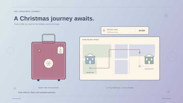 Christmas travel illustration with a suitcase beside a map and boarding pass in a pastel flat vector animation showing festive trip planning and holiday luggage on a lavender background