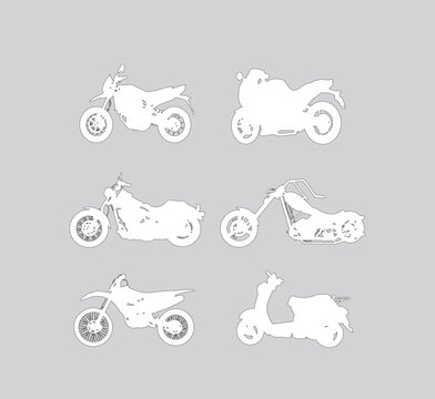 CAD drawing motorcycle silhouettes, white bike shapes, chopper scooter dirt bike vector set