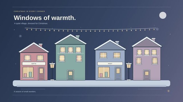 Christmas village with houses and warm glowing windows beneath festive string lights in a flat vector winter evening animation showing a welcoming neighborhood and a peaceful holiday atmosphere