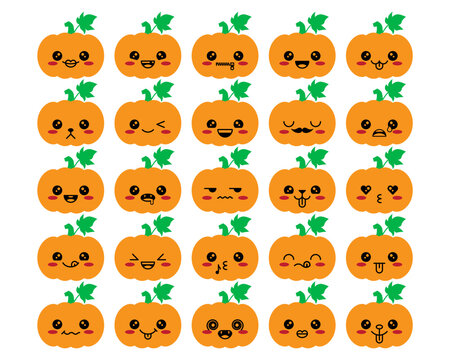 Halloween Pumpkin Bundle. 25 Cute Kawaii Pumpkin Faces. Layered Vector Illustration.