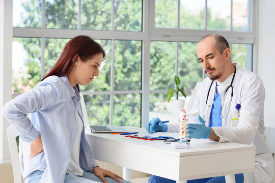 Back pain consultation, doctor explaining spinal injury to patient in medical office with anatomical model for physical therapy and orthopedic care