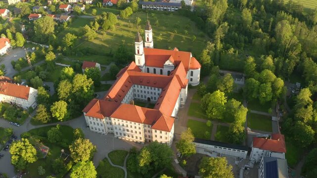 Aerial view flight at Benedictine monastery in Irsee, Diocese of Augsburg
