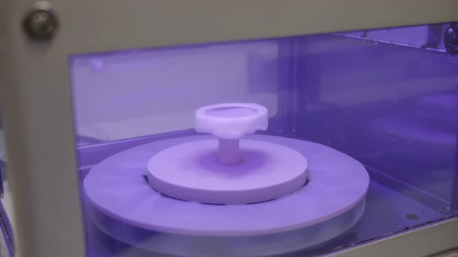 UV Curing Chamber Illuminating Dental Resin Model on Rotating Platform