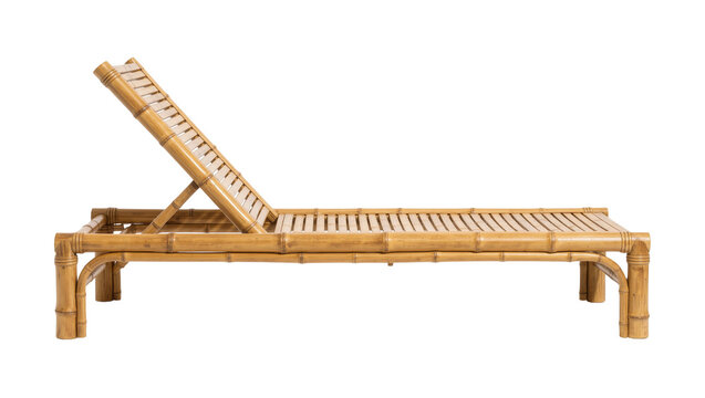 Isolated natural bamboo chaise lounge, outdoor tropical deck chair for garden relaxation.