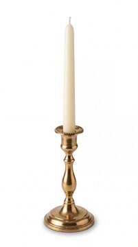 Elegant gold candlestick holder with a tall white candle on white background