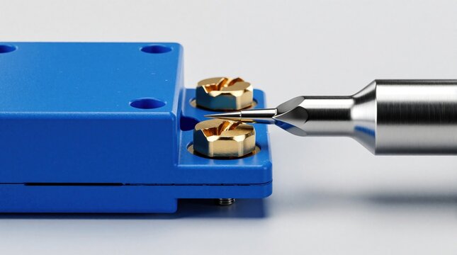 Technician uses precision screwdriver to adjust brass potentiometer on blue electronic device. Close up view of metal component tuning, circuit calibration. Hardware engineer performs manual