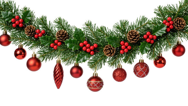 Isolated festive Christmas garland decorated with natural holly, pine cones, berries, and red ornaments.